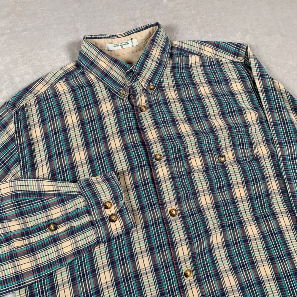 Orvis Button Down Shirt Mens Small Teal Plaid Long Sleeve Cotton Casual Heavy